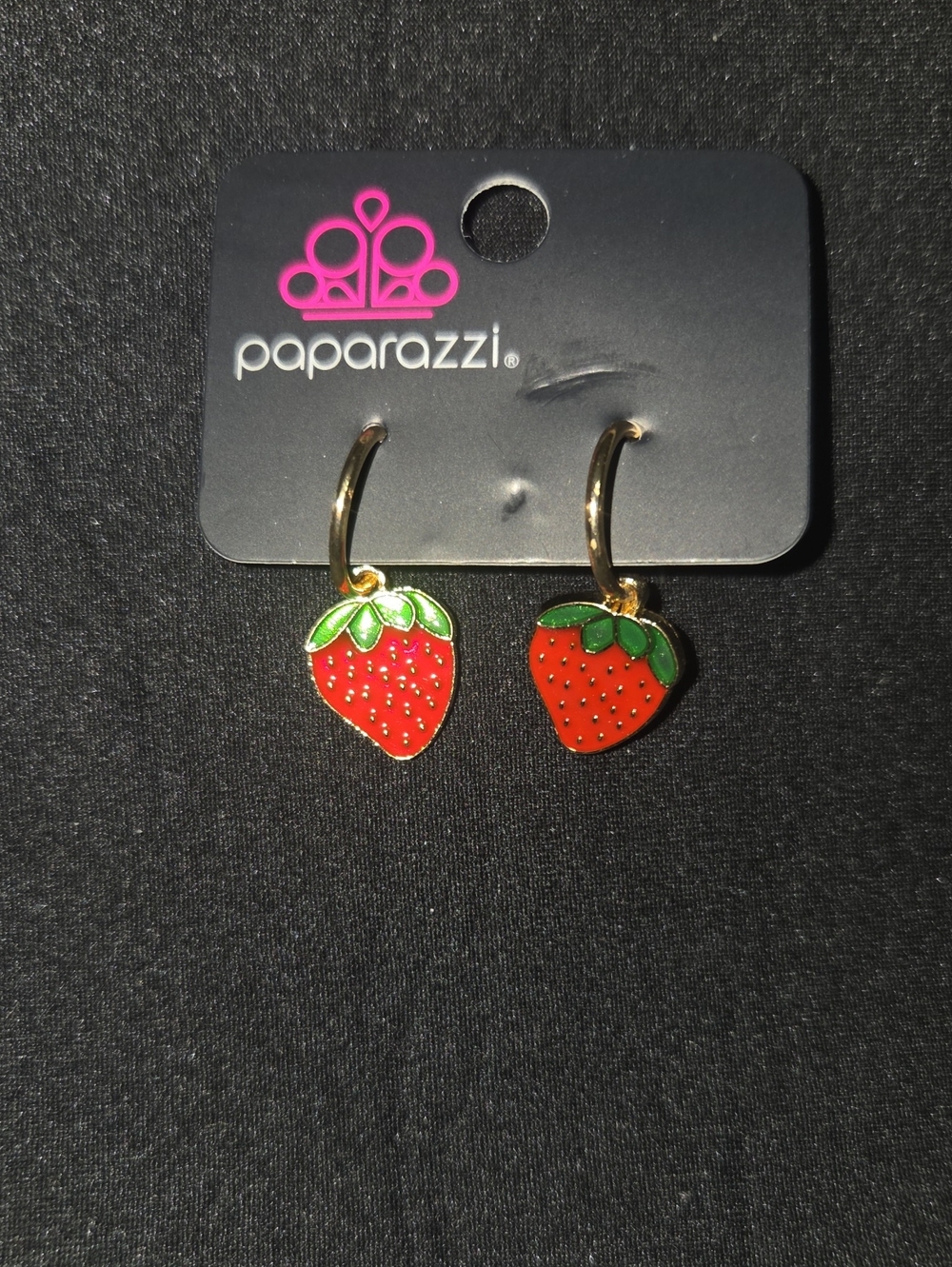Paparazzi Red Strawberry Charm Hoop Earrings with Green Leaves